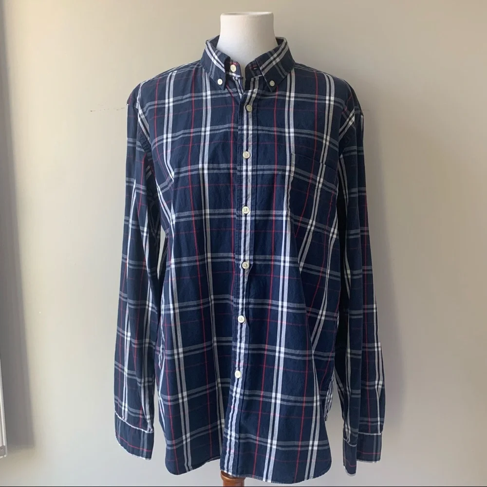 J. Crew Navy Plaid Tailored Fit Button Down Shirt Size Large